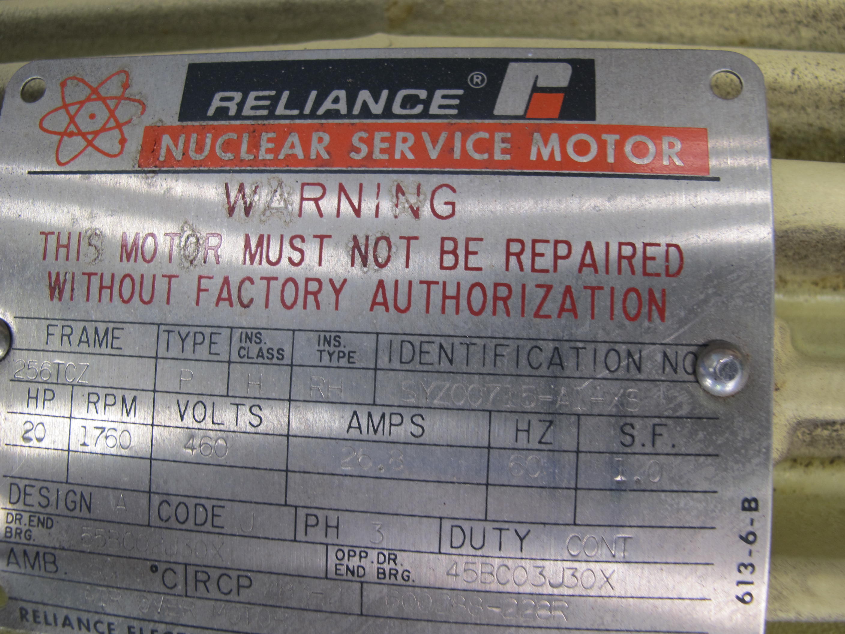 MOTOR, ELECTRIC TYPE, 20 HORSEPOWER, 460VAC ELEC RATING, 1800 RPM, 256TCZ FRAME, 26.8 AMPS, TEAO ENCLOSURE. TYPE RH INSULATION, PART # 20YF881423 (W-44) LOADING & HANDLING FEE $15-